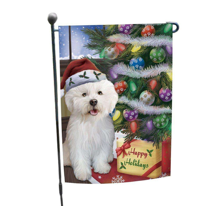Christmas Happy Holidays Bichon Frise Dog with Tree and Presents Garden Flag