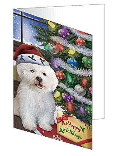 Christmas Happy Holidays Bichon Frise Dog with Tree and Presents Handmade Artwork Assorted Pets Greeting Cards and Note Cards with Envelopes for All Occasions and Holiday Seasons