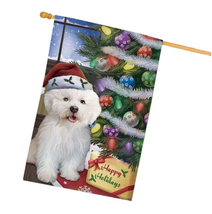 Christmas Happy Holidays Bichon Frise Dog with Tree and Presents House Flag