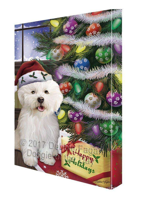 Christmas Happy Holidays Bichon Frise Dog with Tree and Presents Painting Printed on Canvas Wall Art