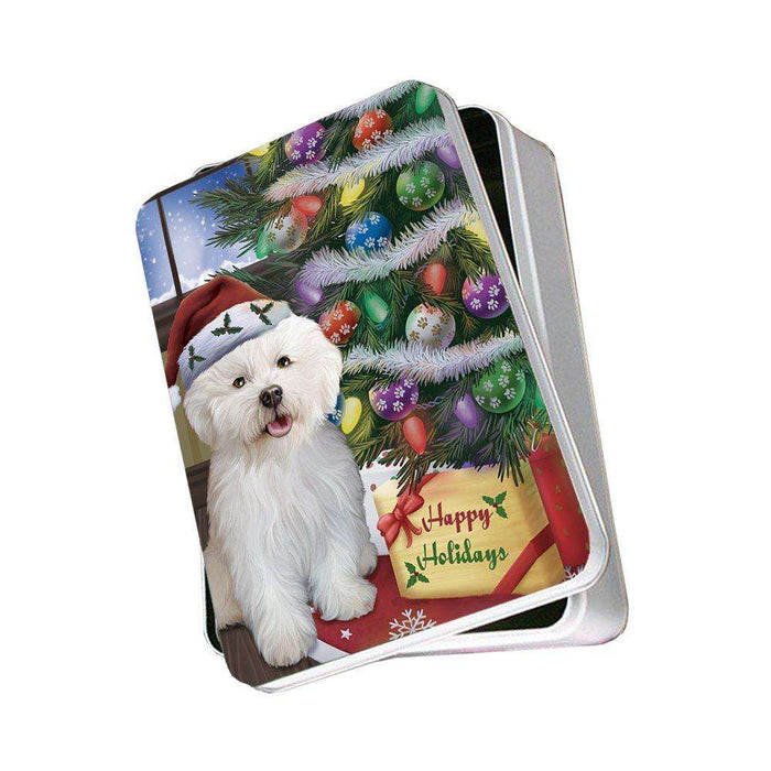 Christmas Happy Holidays Bichon Frise Dog with Tree and Presents Photo Storage Tin