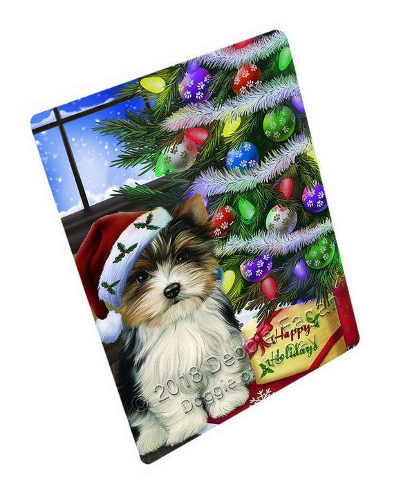 Christmas Happy Holidays Biewer Terrier Dog with Tree and Presents Blanket BLNKT98328