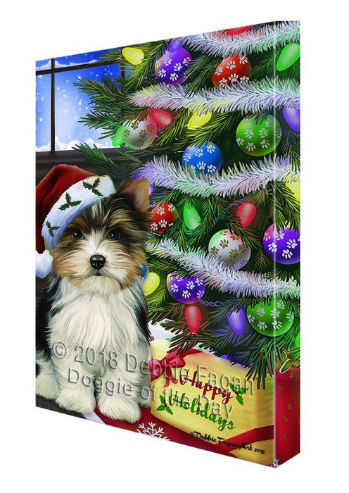 Christmas Happy Holidays Biewer Terrier Dog with Tree and Presents Canvas Print Wall Art Décor CVS98837