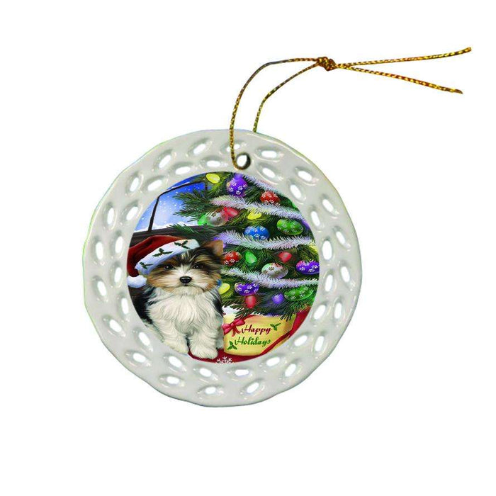 Christmas Happy Holidays Biewer Terrier Dog with Tree and Presents Ceramic Doily Ornament DPOR53443