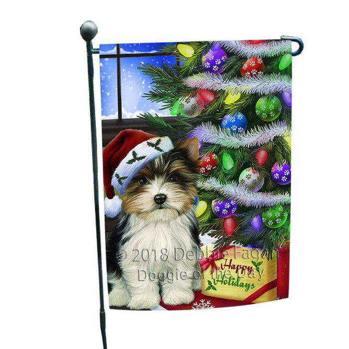 Christmas Happy Holidays Biewer Terrier Dog with Tree and Presents Garden Flag GFLG53505
