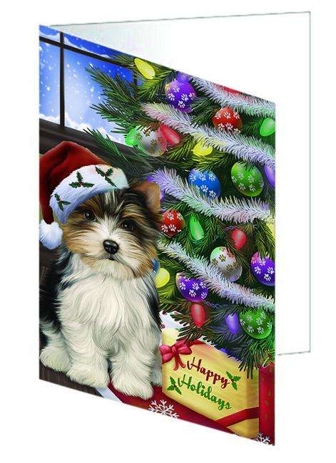 Christmas Happy Holidays Biewer Terrier Dog with Tree and Presents Handmade Artwork Assorted Pets Greeting Cards and Note Cards with Envelopes for All Occasions and Holiday Seasons GCD64358