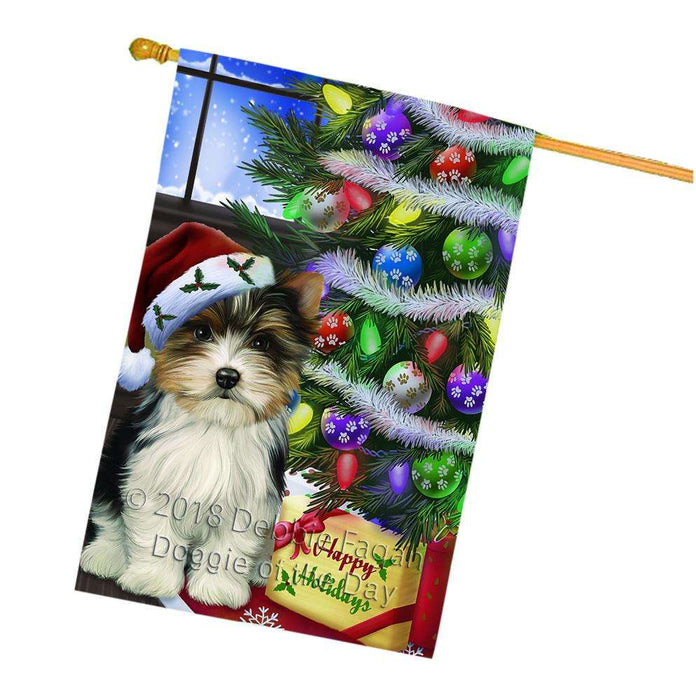 Christmas Happy Holidays Biewer Terrier Dog with Tree and Presents House Flag FLG53641