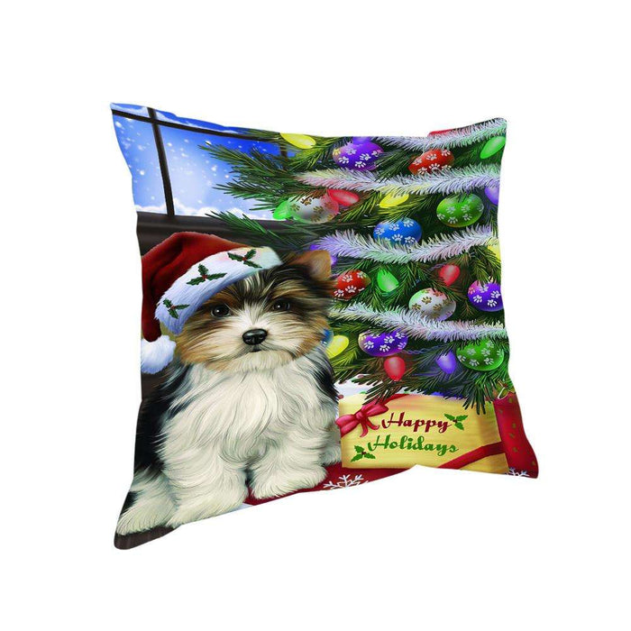 Christmas Happy Holidays Biewer Terrier Dog with Tree and Presents Pillow PIL70396