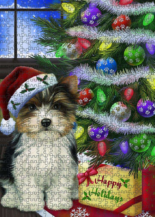Christmas Happy Holidays Biewer Terrier Dog with Tree and Presents Puzzle with Photo Tin PUZL80928