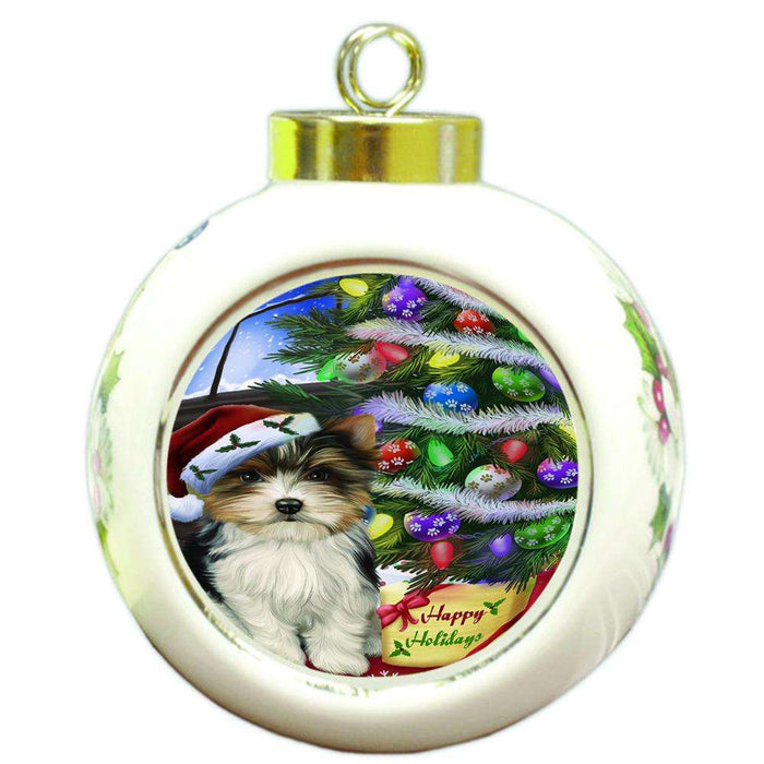 Christmas Happy Holidays Biewer Terrier Dog with Tree and Presents Round Ball Christmas Ornament RBPOR53443