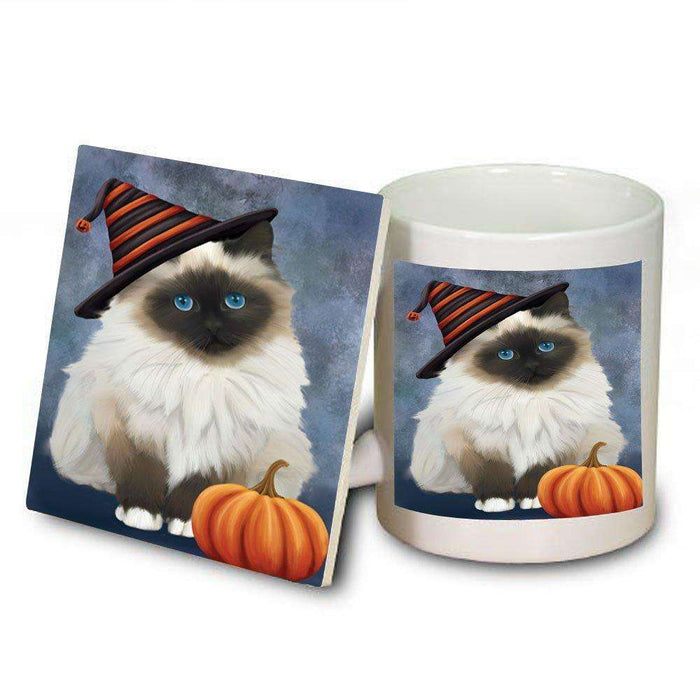 Christmas Happy Holidays Birman Cat Wearing Witch Hat Mug and Coaster Set MUC0052