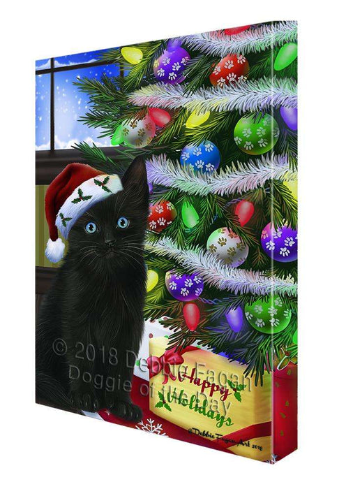 Christmas Happy Holidays Black Cat with Tree and Presents Canvas Print Wall Art Décor CVS98846