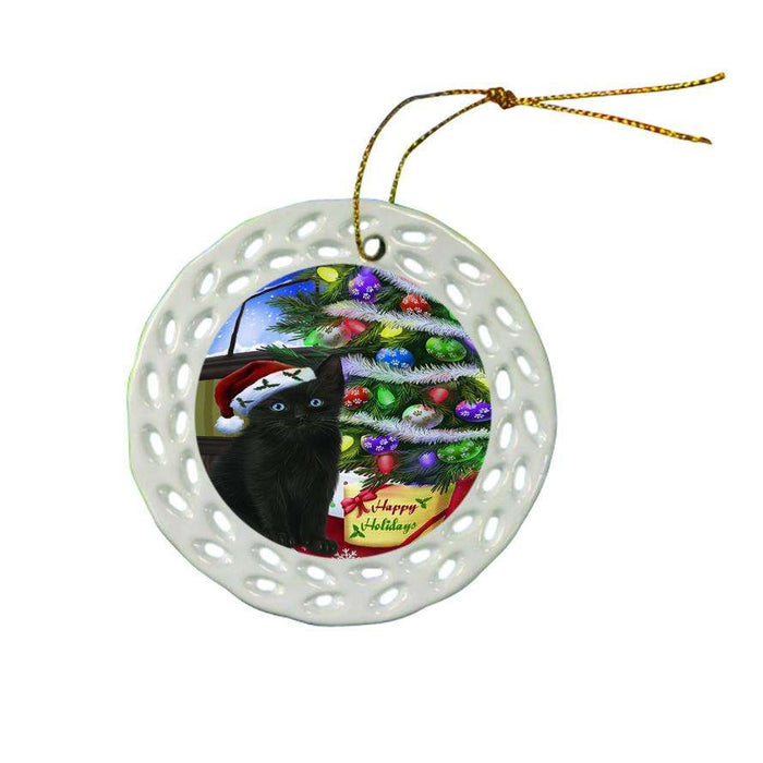Christmas Happy Holidays Black Cat with Tree and Presents Ceramic Doily Ornament DPOR53444
