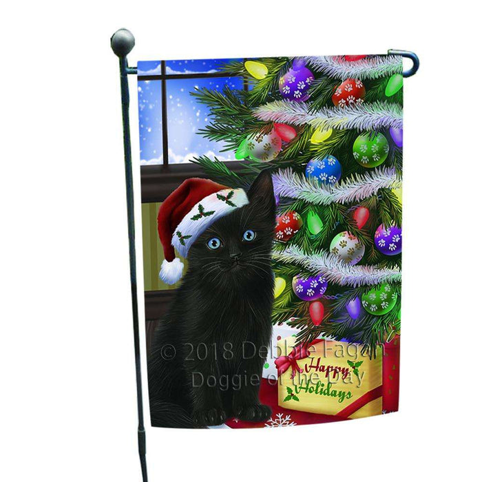 Christmas Happy Holidays Black Cat with Tree and Presents Garden Flag GFLG53506