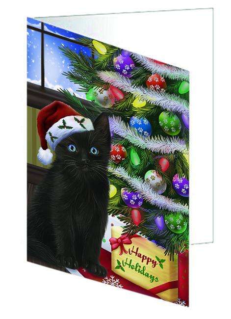 Christmas Happy Holidays Black Cat with Tree and Presents Handmade Artwork Assorted Pets Greeting Cards and Note Cards with Envelopes for All Occasions and Holiday Seasons GCD64361