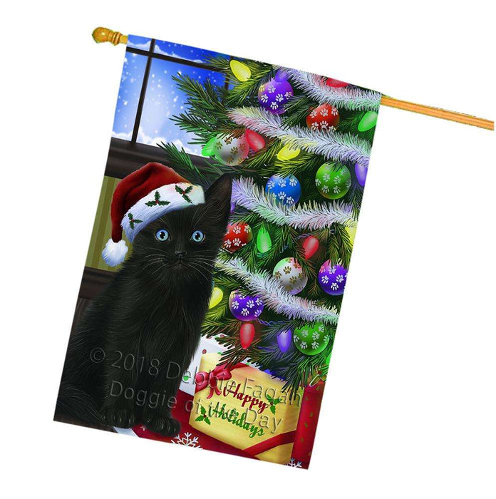 Christmas Happy Holidays Black Cat with Tree and Presents House Flag FLG53642