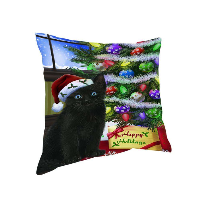 Christmas Happy Holidays Black Cat with Tree and Presents Pillow PIL70400