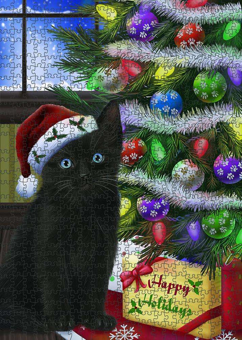 Christmas Happy Holidays Black Cat with Tree and Presents Puzzle with Photo Tin PUZL80932