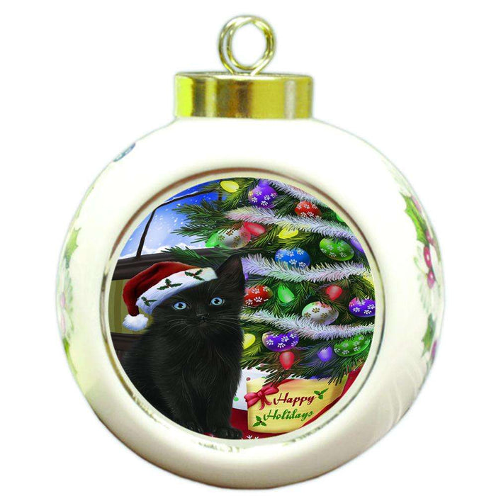 Christmas Happy Holidays Black Cat with Tree and Presents Round Ball Christmas Ornament RBPOR53444