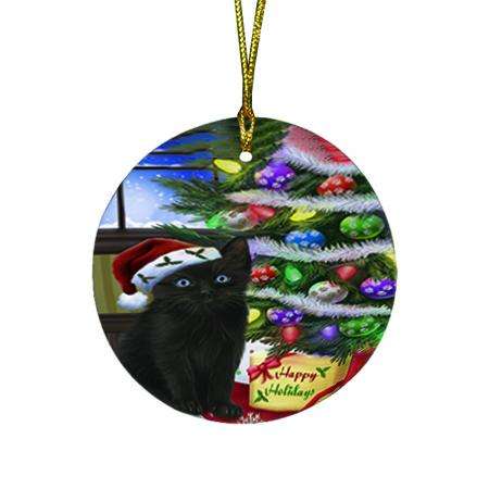 Christmas Happy Holidays Black Cat with Tree and Presents Round Flat Christmas Ornament RFPOR53435