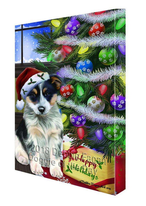Christmas Happy Holidays Blue Heeler Dog with Tree and Presents Canvas Print Wall Art Décor CVS98855