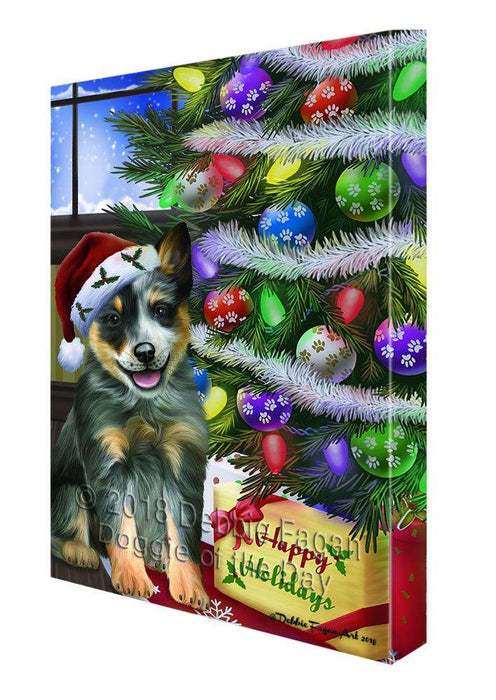 Christmas Happy Holidays Blue Heeler Dog with Tree and Presents Canvas Print Wall Art Décor CVS98864