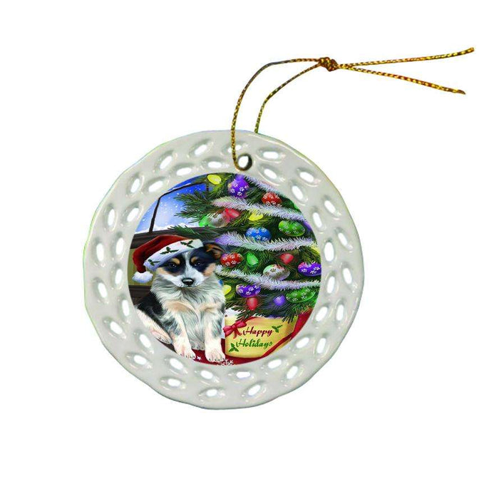 Christmas Happy Holidays Blue Heeler Dog with Tree and Presents Ceramic Doily Ornament DPOR53445