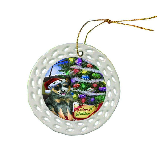 Christmas Happy Holidays Blue Heeler Dog with Tree and Presents Ceramic Doily Ornament DPOR53446