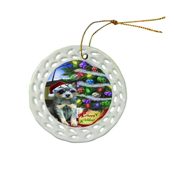 Christmas Happy Holidays Blue Heeler Dog with Tree and Presents Ceramic Doily Ornament DPOR53447