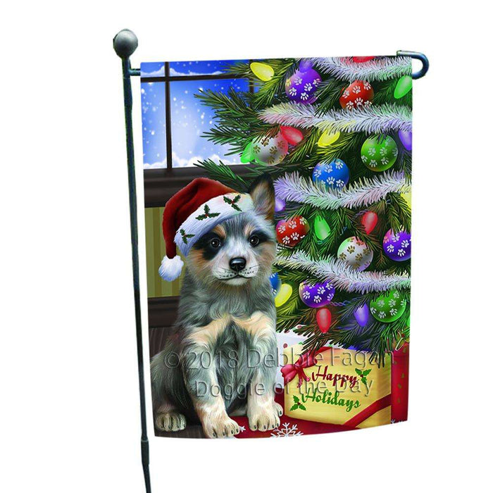 Christmas Happy Holidays Blue Heeler Dog with Tree and Presents Garden Flag GFLG53509