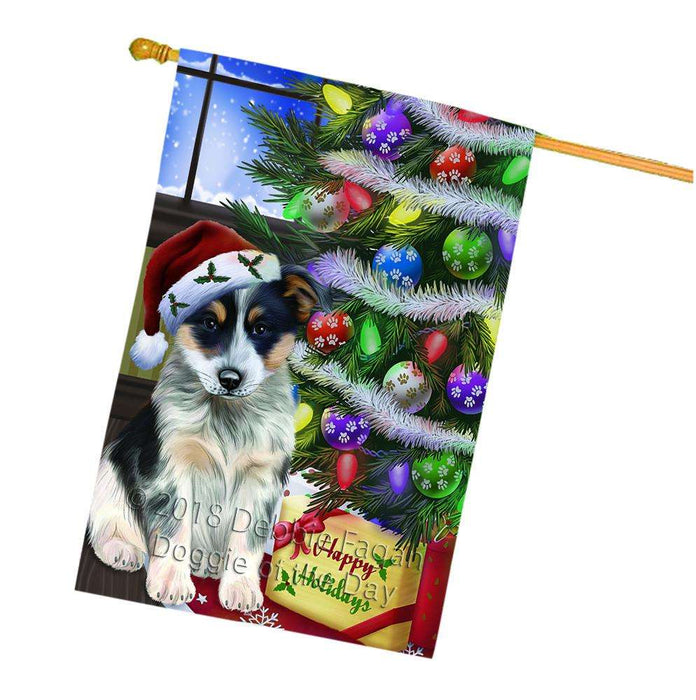 Christmas Happy Holidays Blue Heeler Dog with Tree and Presents House Flag FLG53643