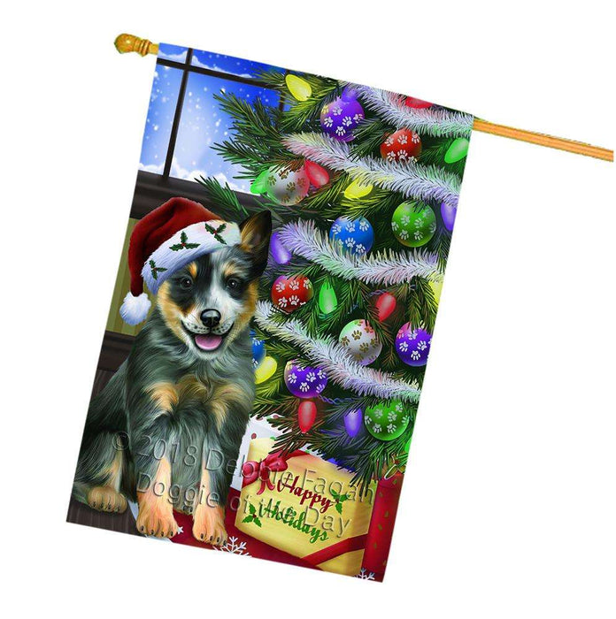Christmas Happy Holidays Blue Heeler Dog with Tree and Presents House Flag FLG53644