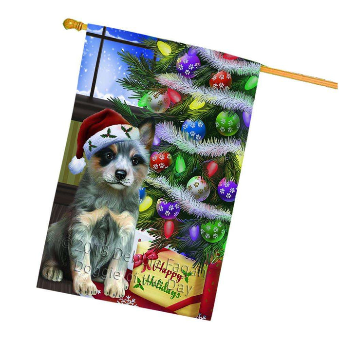 Christmas Happy Holidays Blue Heeler Dog with Tree and Presents House Flag FLG53645