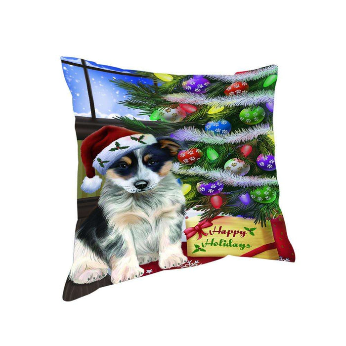 Christmas Happy Holidays Blue Heeler Dog with Tree and Presents Pillow PIL70404
