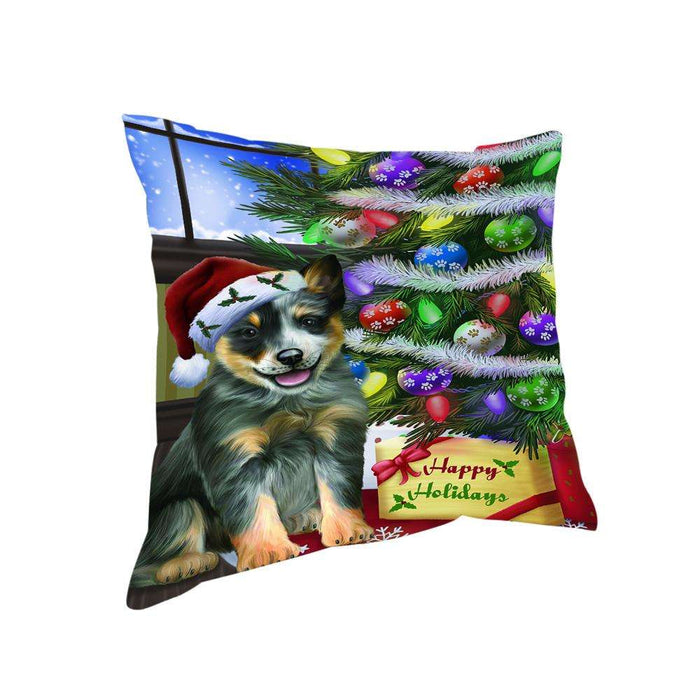 Christmas Happy Holidays Blue Heeler Dog with Tree and Presents Pillow PIL70408