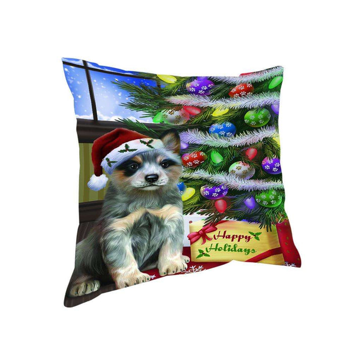 Christmas Happy Holidays Blue Heeler Dog with Tree and Presents Pillow PIL70412
