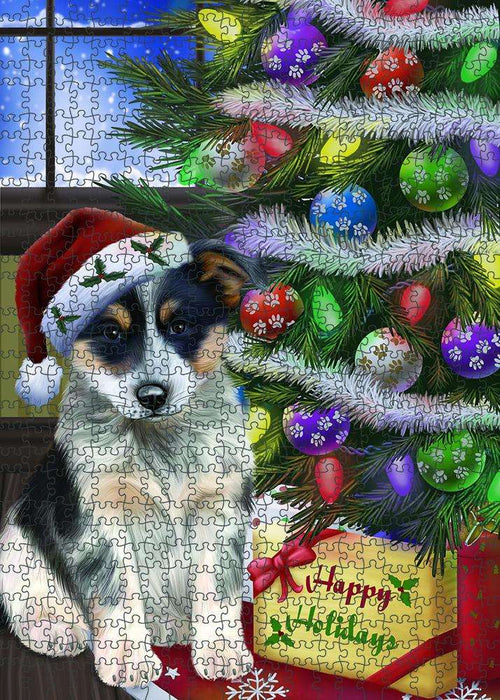 Christmas Happy Holidays Blue Heeler Dog with Tree and Presents Puzzle with Photo Tin PUZL80936
