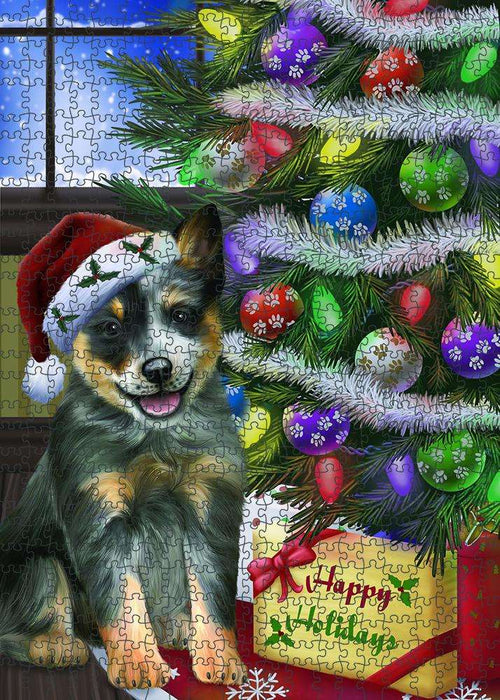 Christmas Happy Holidays Blue Heeler Dog with Tree and Presents Puzzle with Photo Tin PUZL80940
