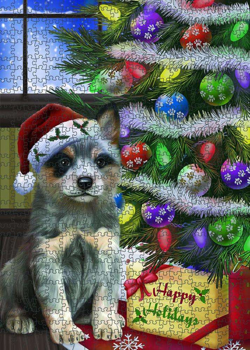 Christmas Happy Holidays Blue Heeler Dog with Tree and Presents Puzzle with Photo Tin PUZL80944
