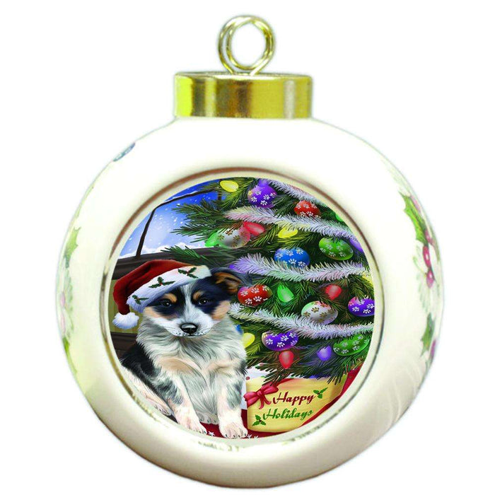 Christmas Happy Holidays Blue Heeler Dog with Tree and Presents Round Ball Christmas Ornament RBPOR53445