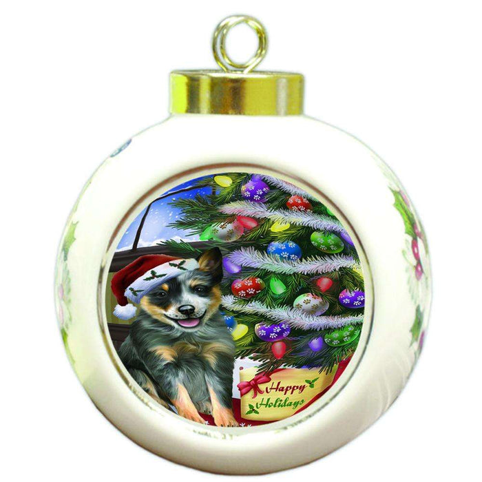 Christmas Happy Holidays Blue Heeler Dog with Tree and Presents Round Ball Christmas Ornament RBPOR53446