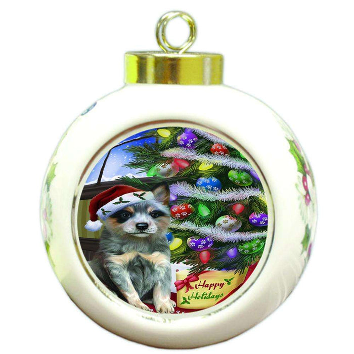 Christmas Happy Holidays Blue Heeler Dog with Tree and Presents Round Ball Christmas Ornament RBPOR53447