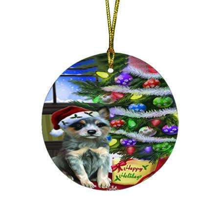 Christmas Happy Holidays Blue Heeler Dog with Tree and Presents Round Flat Christmas Ornament RFPOR53438