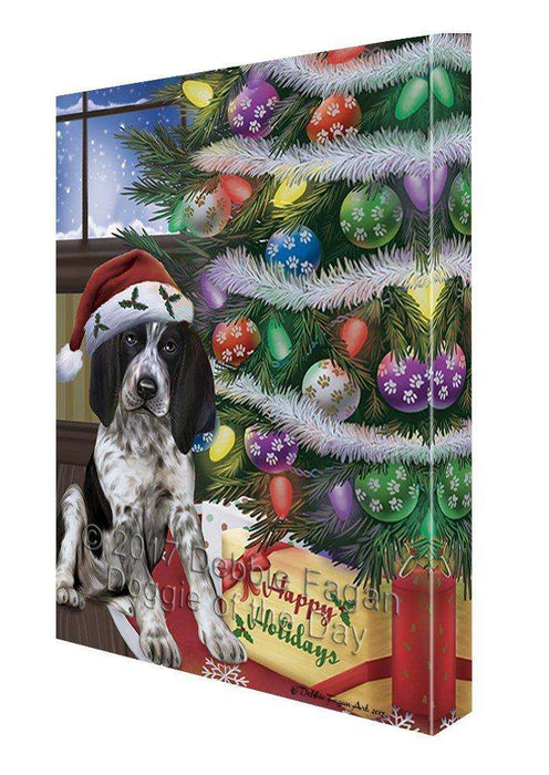 Christmas Happy Holidays Bluetick Coonhound Dog with Tree and Presents Canvas Wall Art