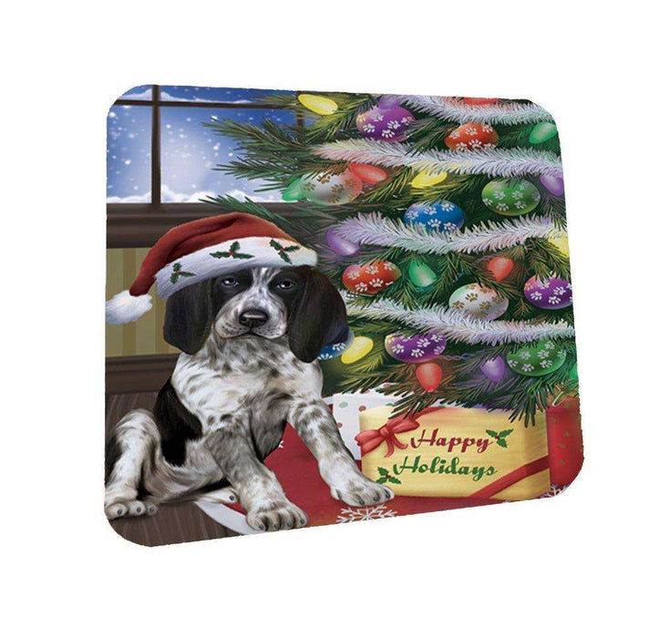 Christmas Happy Holidays Bluetick Coonhound Dog with Tree and Presents Coasters Set of 4