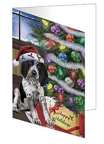 Christmas Happy Holidays Bluetick Coonhound Dog with Tree and Presents Handmade Artwork Assorted Pets Greeting Cards and Note Cards with Envelopes for All Occasions and Holiday Seasons