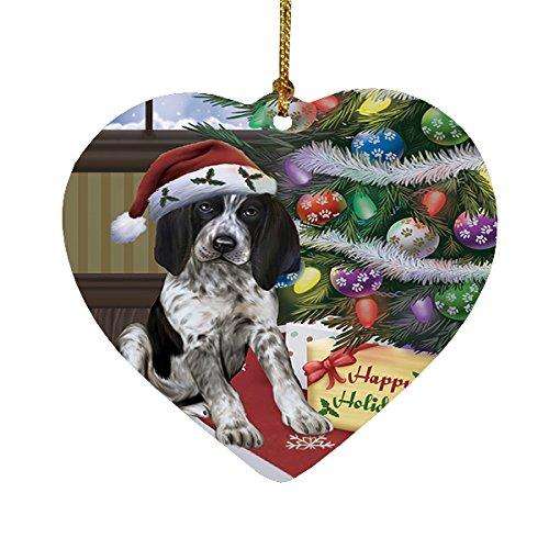 Christmas Happy Holidays Bluetick Coonhound Dog with Tree and Presents Heart Ornament