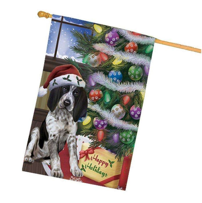 Christmas Happy Holidays Bluetick Coonhound Dog with Tree and Presents House Flag