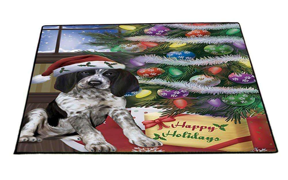 Christmas Happy Holidays Bluetick Coonhound Dog with Tree and Presents Indoor/Outdoor Floormat