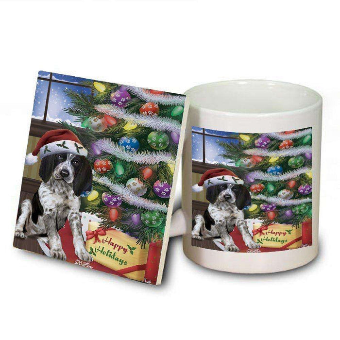 Christmas Happy Holidays Bluetick Coonhound Dog with Tree and Presents Mug and Coaster Set